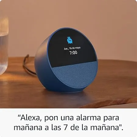 Echo Spot con pantalla y reloj integrado, pensado para dormitorio o mesita