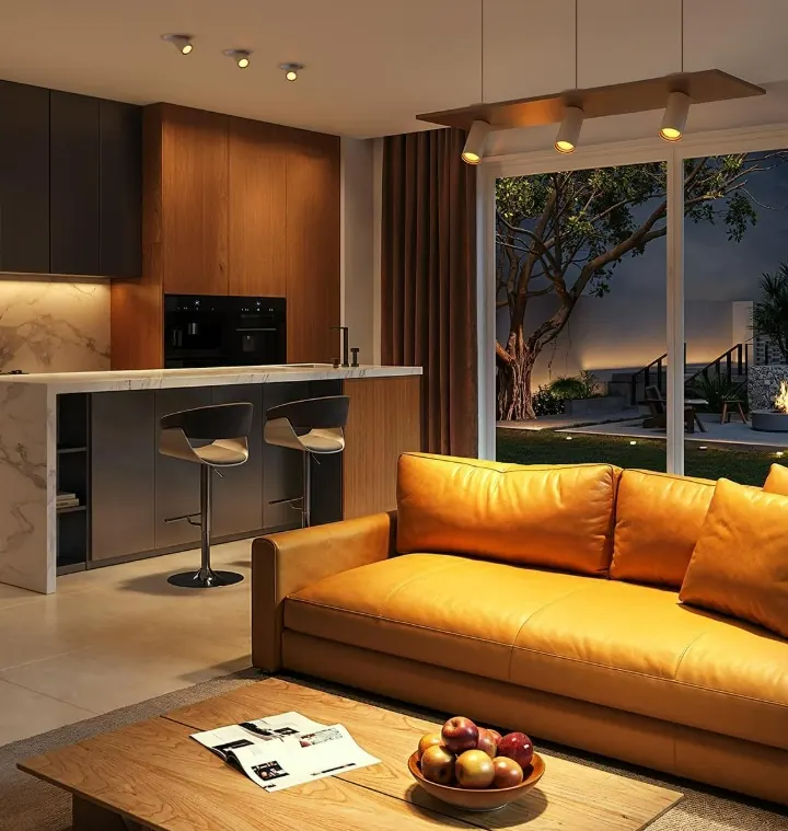 Salón y cocina con iluminación LED inteligente compatible con Alexa