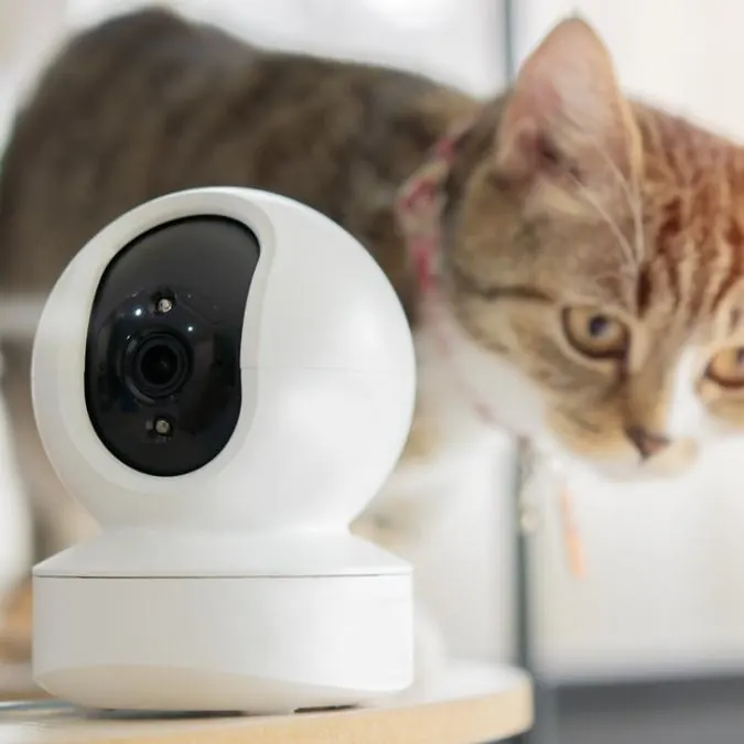 Gato junto a una cámara interior como ejemplo de vigilancia doméstica para mascotas