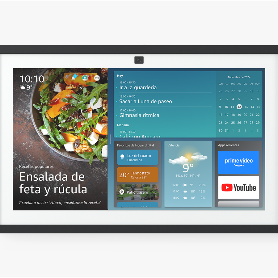Echo Show 15 con panel familiar, recetas y widgets en pantalla