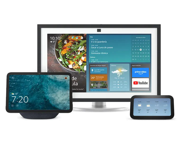 Modelos Echo Show de distintos tamaños comparados en una sola imagen